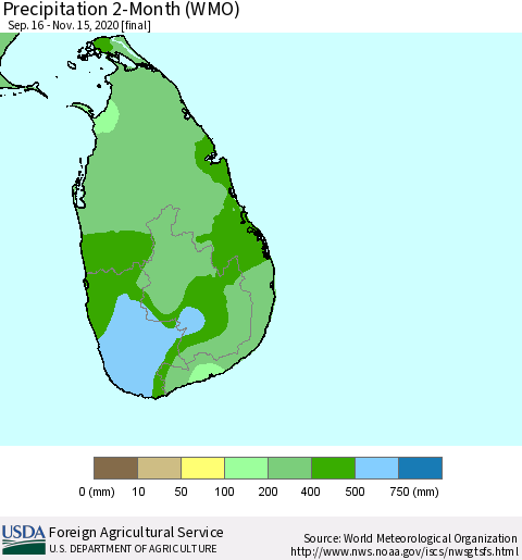 Sri Lanka Precipitation 2-Month (WMO) Thematic Map For 9/16/2020 - 11/15/2020