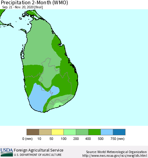 Sri Lanka Precipitation 2-Month (WMO) Thematic Map For 9/21/2020 - 11/20/2020