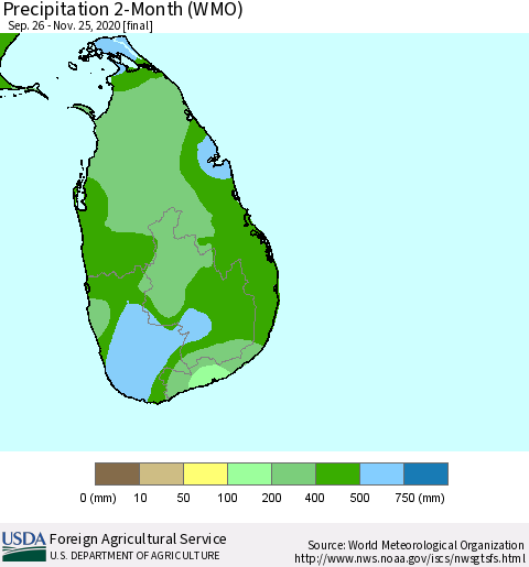 Sri Lanka Precipitation 2-Month (WMO) Thematic Map For 9/26/2020 - 11/25/2020