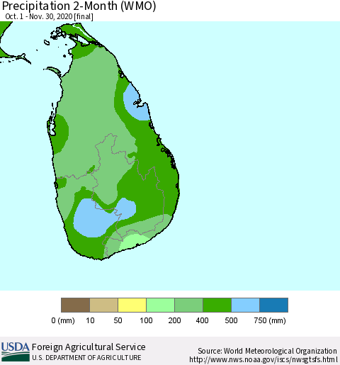 Sri Lanka Precipitation 2-Month (WMO) Thematic Map For 10/1/2020 - 11/30/2020