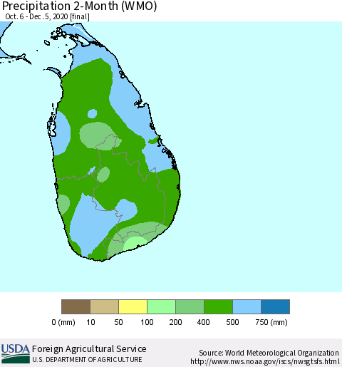 Sri Lanka Precipitation 2-Month (WMO) Thematic Map For 10/6/2020 - 12/5/2020