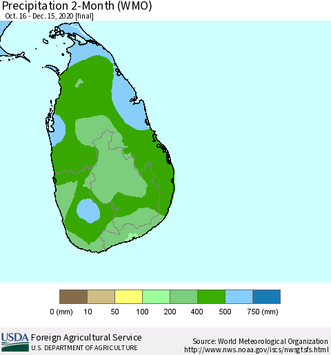 Sri Lanka Precipitation 2-Month (WMO) Thematic Map For 10/16/2020 - 12/15/2020
