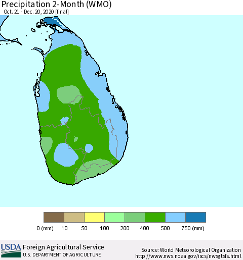 Sri Lanka Precipitation 2-Month (WMO) Thematic Map For 10/21/2020 - 12/20/2020