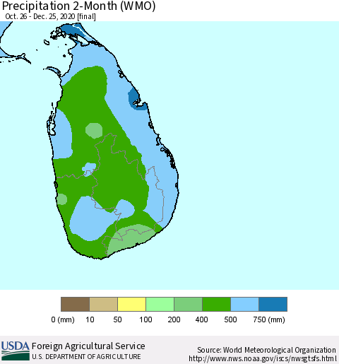 Sri Lanka Precipitation 2-Month (WMO) Thematic Map For 10/26/2020 - 12/25/2020