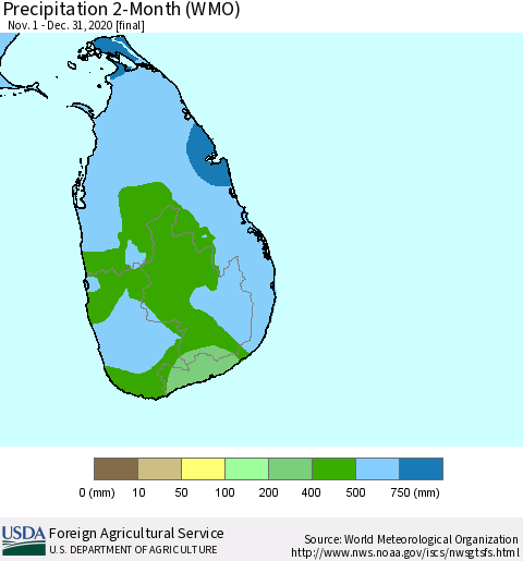 Sri Lanka Precipitation 2-Month (WMO) Thematic Map For 11/1/2020 - 12/31/2020