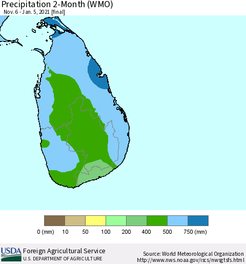 Sri Lanka Precipitation 2-Month (WMO) Thematic Map For 11/6/2020 - 1/5/2021