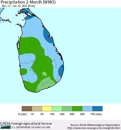 Sri Lanka Precipitation 2-Month (WMO) Thematic Map For 11/11/2020 - 1/10/2021