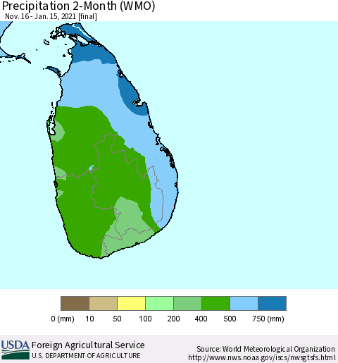 Sri Lanka Precipitation 2-Month (WMO) Thematic Map For 11/16/2020 - 1/15/2021