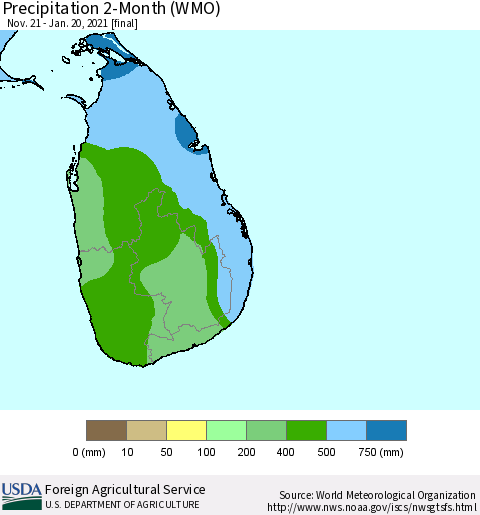 Sri Lanka Precipitation 2-Month (WMO) Thematic Map For 11/21/2020 - 1/20/2021