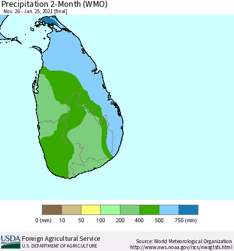 Sri Lanka Precipitation 2-Month (WMO) Thematic Map For 11/26/2020 - 1/25/2021
