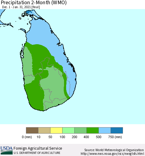 Sri Lanka Precipitation 2-Month (WMO) Thematic Map For 12/1/2020 - 1/31/2021