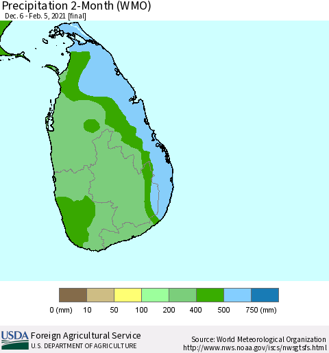 Sri Lanka Precipitation 2-Month (WMO) Thematic Map For 12/6/2020 - 2/5/2021