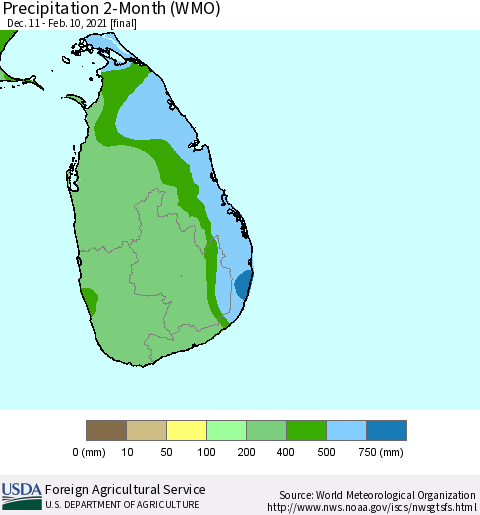 Sri Lanka Precipitation 2-Month (WMO) Thematic Map For 12/11/2020 - 2/10/2021
