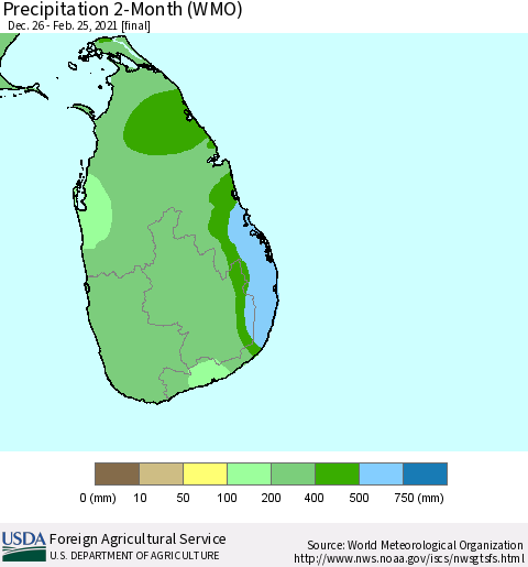 Sri Lanka Precipitation 2-Month (WMO) Thematic Map For 12/26/2020 - 2/25/2021