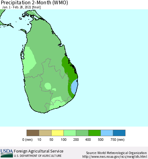 Sri Lanka Precipitation 2-Month (WMO) Thematic Map For 1/1/2021 - 2/28/2021