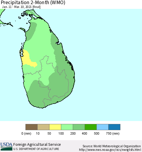 Sri Lanka Precipitation 2-Month (WMO) Thematic Map For 1/11/2021 - 3/10/2021