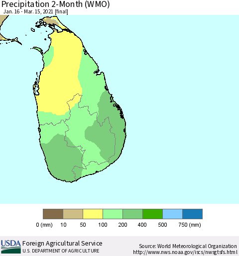 Sri Lanka Precipitation 2-Month (WMO) Thematic Map For 1/16/2021 - 3/15/2021
