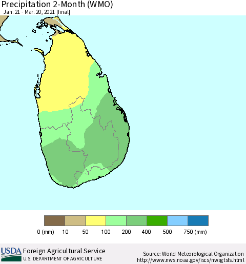 Sri Lanka Precipitation 2-Month (WMO) Thematic Map For 1/21/2021 - 3/20/2021