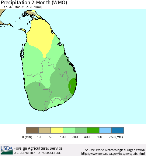 Sri Lanka Precipitation 2-Month (WMO) Thematic Map For 1/26/2021 - 3/25/2021