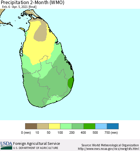 Sri Lanka Precipitation 2-Month (WMO) Thematic Map For 2/6/2021 - 4/5/2021