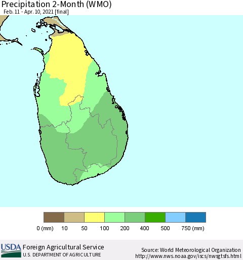 Sri Lanka Precipitation 2-Month (WMO) Thematic Map For 2/11/2021 - 4/10/2021
