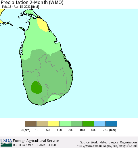 Sri Lanka Precipitation 2-Month (WMO) Thematic Map For 2/16/2021 - 4/15/2021
