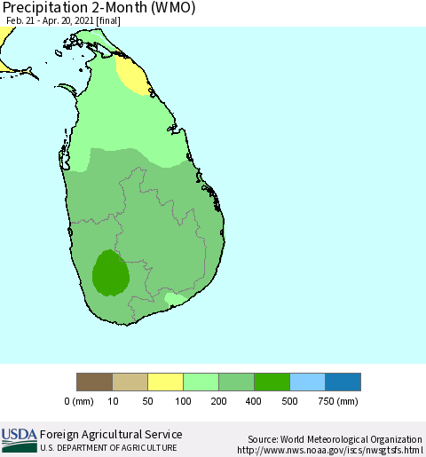 Sri Lanka Precipitation 2-Month (WMO) Thematic Map For 2/21/2021 - 4/20/2021
