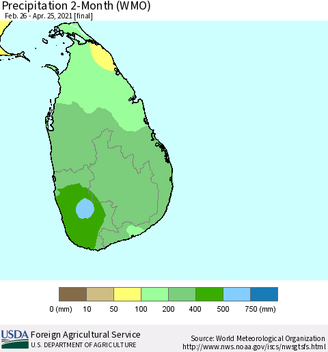 Sri Lanka Precipitation 2-Month (WMO) Thematic Map For 2/26/2021 - 4/25/2021
