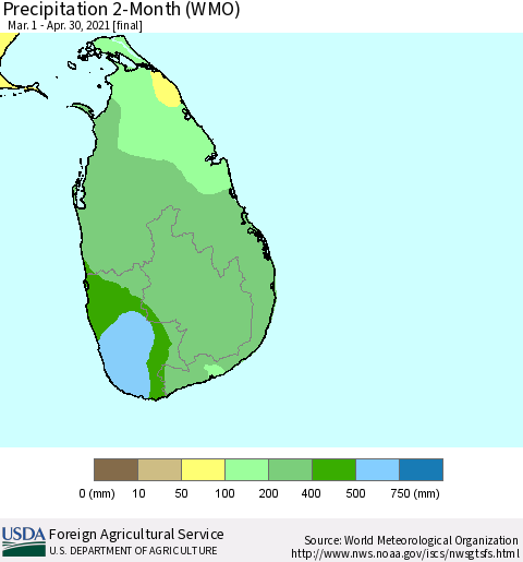 Sri Lanka Precipitation 2-Month (WMO) Thematic Map For 3/1/2021 - 4/30/2021
