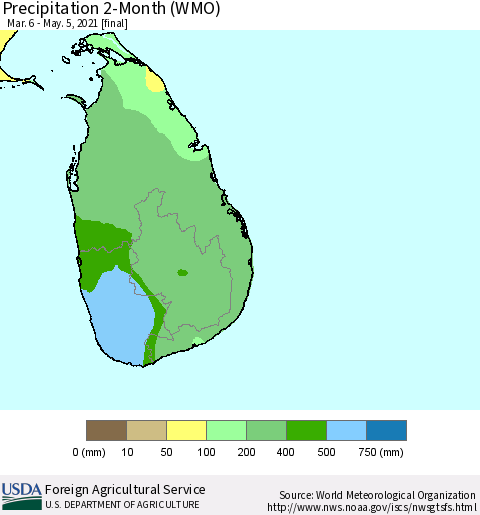 Sri Lanka Precipitation 2-Month (WMO) Thematic Map For 3/6/2021 - 5/5/2021