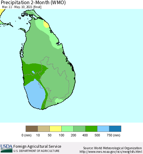Sri Lanka Precipitation 2-Month (WMO) Thematic Map For 3/11/2021 - 5/10/2021