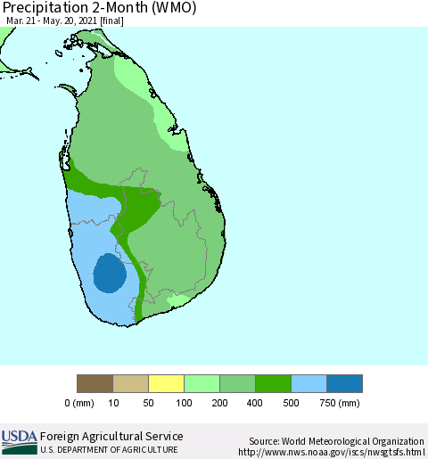 Sri Lanka Precipitation 2-Month (WMO) Thematic Map For 3/21/2021 - 5/20/2021