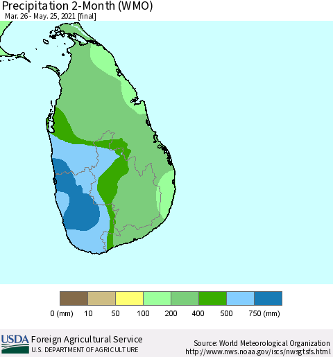 Sri Lanka Precipitation 2-Month (WMO) Thematic Map For 3/26/2021 - 5/25/2021