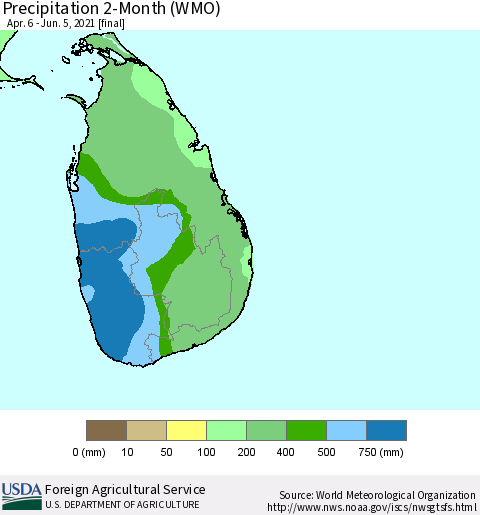 Sri Lanka Precipitation 2-Month (WMO) Thematic Map For 4/6/2021 - 6/5/2021