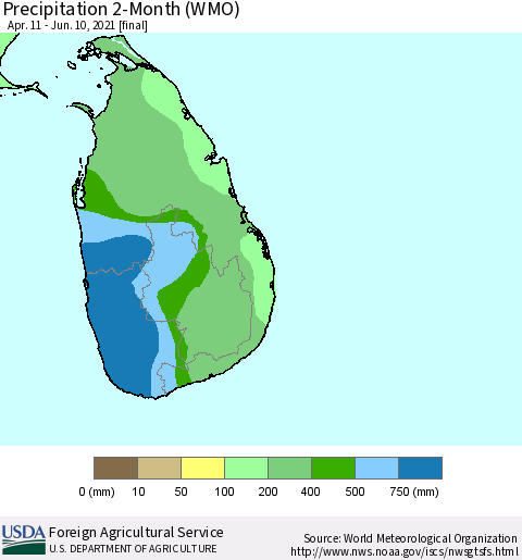 Sri Lanka Precipitation 2-Month (WMO) Thematic Map For 4/11/2021 - 6/10/2021