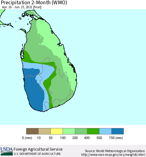 Sri Lanka Precipitation 2-Month (WMO) Thematic Map For 4/16/2021 - 6/15/2021