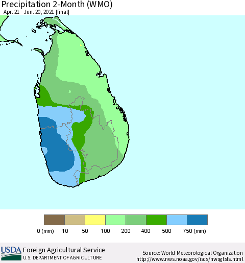 Sri Lanka Precipitation 2-Month (WMO) Thematic Map For 4/21/2021 - 6/20/2021