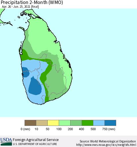 Sri Lanka Precipitation 2-Month (WMO) Thematic Map For 4/26/2021 - 6/25/2021