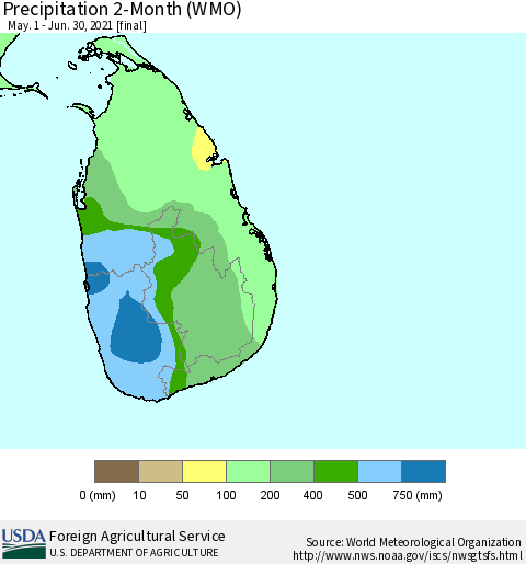 Sri Lanka Precipitation 2-Month (WMO) Thematic Map For 5/1/2021 - 6/30/2021