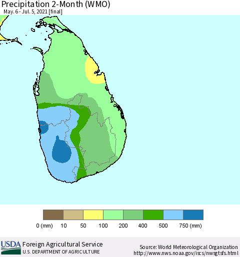 Sri Lanka Precipitation 2-Month (WMO) Thematic Map For 5/6/2021 - 7/5/2021