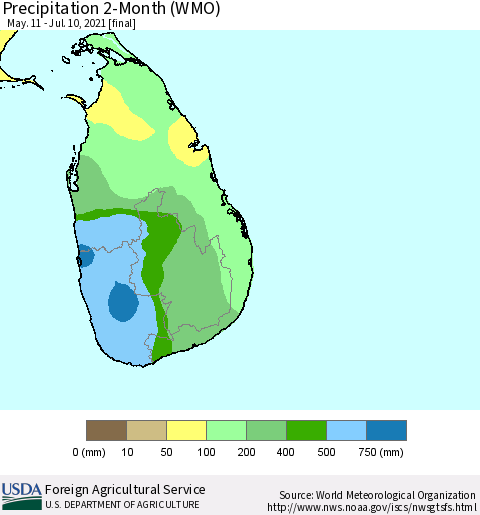 Sri Lanka Precipitation 2-Month (WMO) Thematic Map For 5/11/2021 - 7/10/2021
