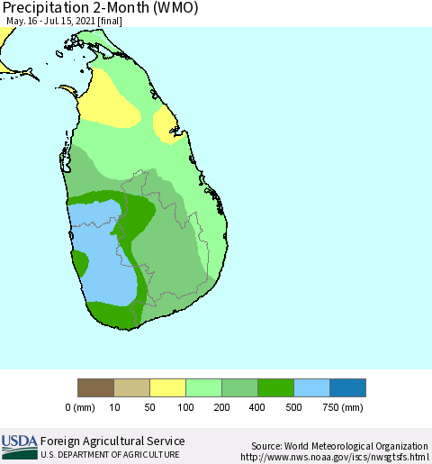 Sri Lanka Precipitation 2-Month (WMO) Thematic Map For 5/16/2021 - 7/15/2021