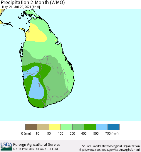 Sri Lanka Precipitation 2-Month (WMO) Thematic Map For 5/21/2021 - 7/20/2021