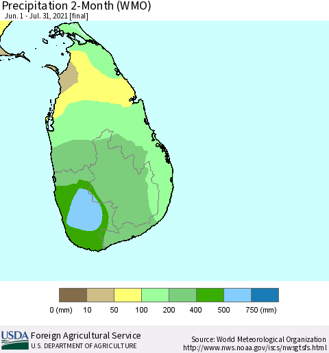 Sri Lanka Precipitation 2-Month (WMO) Thematic Map For 6/1/2021 - 7/31/2021