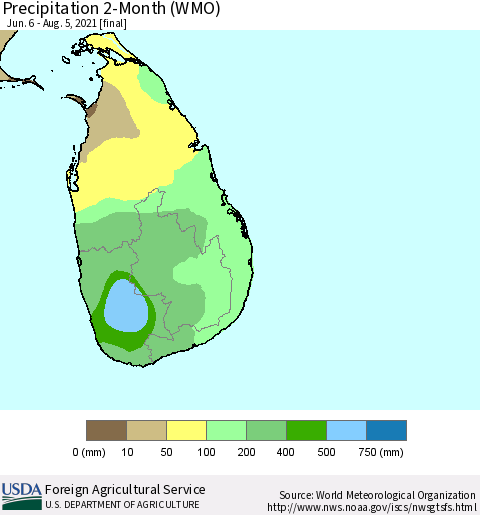 Sri Lanka Precipitation 2-Month (WMO) Thematic Map For 6/6/2021 - 8/5/2021