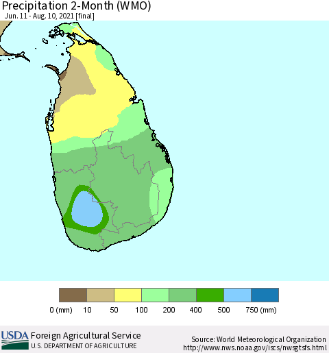 Sri Lanka Precipitation 2-Month (WMO) Thematic Map For 6/11/2021 - 8/10/2021