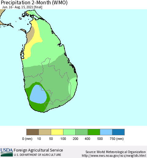 Sri Lanka Precipitation 2-Month (WMO) Thematic Map For 6/16/2021 - 8/15/2021