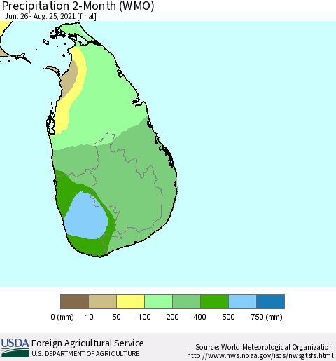 Sri Lanka Precipitation 2-Month (WMO) Thematic Map For 6/26/2021 - 8/25/2021