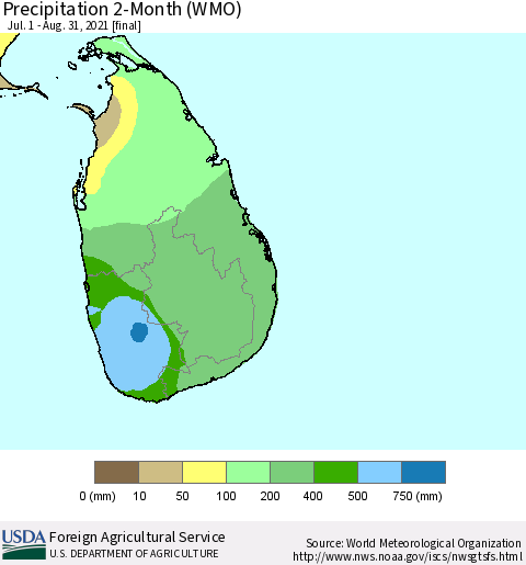 Sri Lanka Precipitation 2-Month (WMO) Thematic Map For 7/1/2021 - 8/31/2021