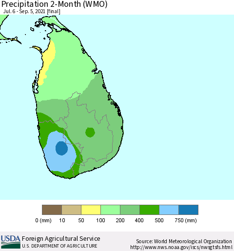 Sri Lanka Precipitation 2-Month (WMO) Thematic Map For 7/6/2021 - 9/5/2021